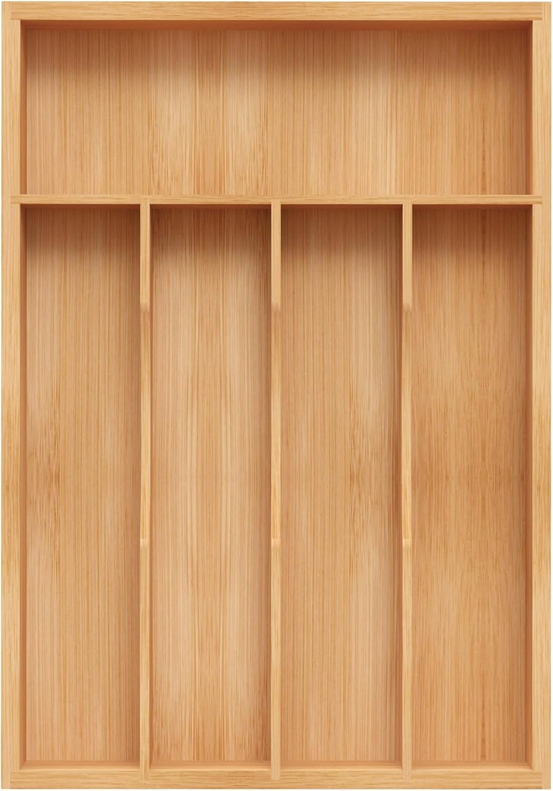BEKVEM Bamboo Silverware Organizer, Kitchen Drawer Organizer, Utensil Holder, Cutlery Tray & Spoon Flatware Storage with Grooved Drawer Dividers (5 Slots, Natural) - Image 1